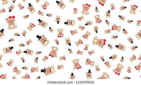 Texture seamless pattern with beautiful cheerful festive bright colorful colored bears fairy children's ladies and gentlemen boy and girl bear cubs joyful. Vector illustration. The background.