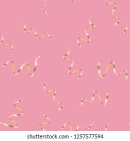 Texture, seamless pattern of beautiful different festive yellow gold luxury elegant gift wavy vivid, blessed bulk ribbons of lines for the new year, christmas on a pink background. Vector illustration