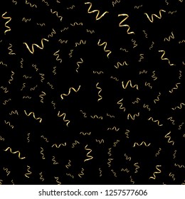 Texture, seamless pattern of beautiful different festive yellow gold luxurious elegant gift wavy vip blessed bulk ribbons of lines for the new year, christmas on black background. Vector illustration.