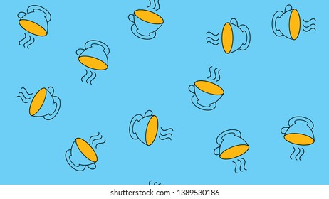 Texture seamless pattern of beautiful nice tasty refreshing aromatic healthy tea drinks in glasses on ceramic cups on blue background. Vector illustration.