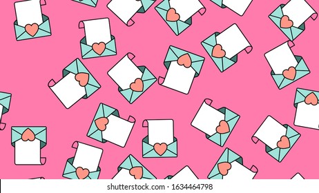 Texture seamless pattern of flat icons of mail envelopes with hearts, love items for the holiday of love Valentine's Day on February 14 or March 8 on a pink background. Vector illustration.