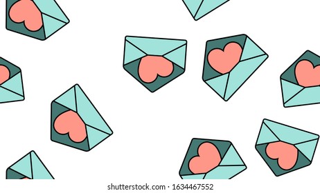 Texture seamless pattern of flat icons of mail envelopes with hearts, love items for the holiday of love Valentine's Day February 14 or March 8 on a white background. Vector illustration.