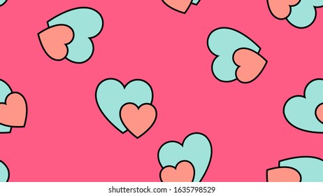 Texture seamless pattern of flat icons of hearts, love items for the holiday of love Valentine's Day February 14 or March 8 on a pink background. Vector illustration.