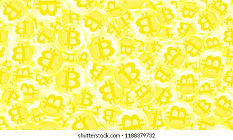 Texture seamless pattern of golden shiny glowing expensive metal coins bitcoin. The concept of blockade technology, crypto currency. The background. Vector illustration.