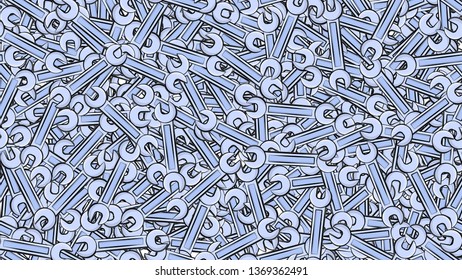 Texture, seamless pattern of metal blue iron spanners construction repair keys for loosening and tightening the nuts and bolts on the background. Vector.