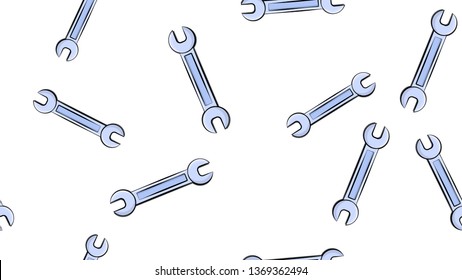 Texture, seamless pattern of metal iron blue gas spanners, metalworker building repair for loosening and tightening the nuts and bolts on a white background. Vector.