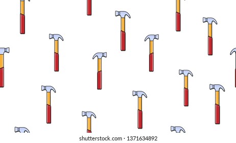Texture, seamless pattern of metal red plumbing construction repair hammers for hammering nails on a white background. Vector illustration.