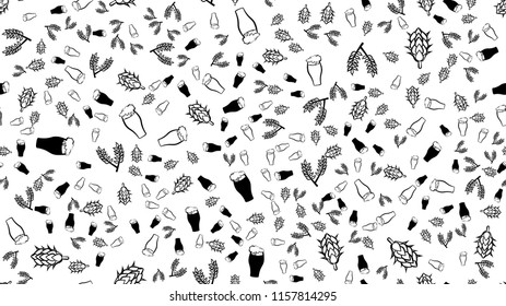 Texture seamless pattern of multi-colored glasses of mugs with foam beer light dark lager and stout with branches of hop and malt plants. The background. Vector illustration.