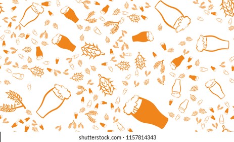 Texture seamless pattern of multi-colored glasses of mugs with foam beer light dark lager and stout with branches of hop and malt plants. The background. Vector illustration.