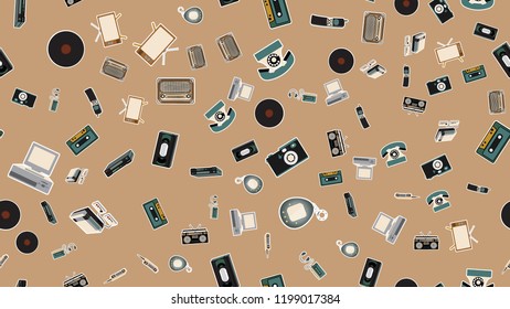 Texture, seamless pattern of old retro hipster electronics stickers, tv recorder mobile phone, player, audio cassette, video recorder, game console, camera, computer. The background. Vector.