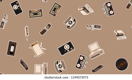 Texture, seamless pattern of old retro hipster electronics stickers, tv recorder mobile phone, player, audio cassette, video recorder, game console, camera, computer. The background. Vector.