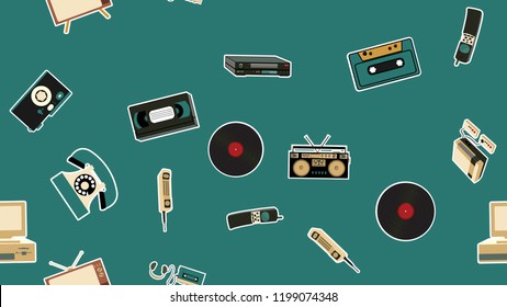 Texture, seamless pattern of old retro hipster electronics stickers, tv recorder mobile phone, player, audio cassette, video recorder, game console, camera, computer. The background. Vector.