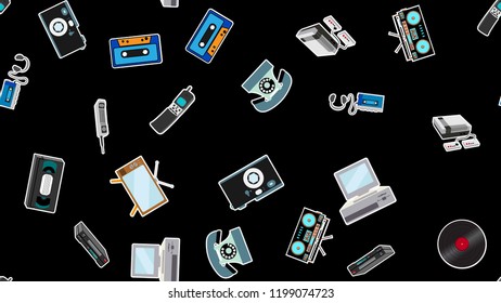 Texture, seamless pattern of old retro hipster electronics stickers, tv recorder mobile phone, player, audio cassette, video recorder, game console, camera, computer. The background. Vector.