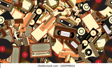 Texture, seamless pattern of old retro hipster electronics, mobile phones, tv recorder, player, audio tape, video recorder, game console, camera, computer. The background. Vector illustration.