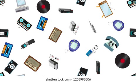 Texture, seamless pattern of old retro hipster electronics, mobile phones, tv recorder, player, audio tape, video recorder, game console, camera, computer. The background. Vector illustration.