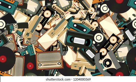 Texture, seamless pattern of old retro hipster electronics, mobile phones, tv recorder, player, audio tape, video recorder, game console, camera, computer. The background. Vector illustration.