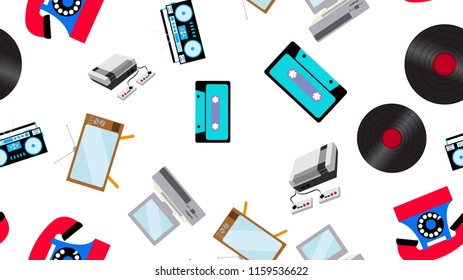 The texture is a seamless pattern of old vintage retro electronics technology from televisions, cassette tape recorders, vinyl records, computers, game consoles, phones from the 70's, 80's, 90's.