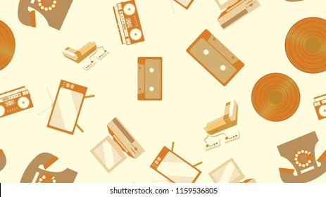 The texture is a seamless pattern of old vintage retro electronics technology from televisions, cassette tape recorders, vinyl records, computers, game consoles, phones from the 70's, 80's, 90's.