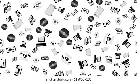 The texture is a seamless pattern of old vintage retro electronics technology from televisions, cassette tape recorders, vinyl records, computers, game consoles, phones from the 70's, 80's, 90's.