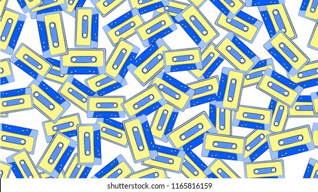 Texture seamless pattern from an old vintage retro hipster antique musical film audio cassette on a background of the 70's, 80's, 90's. The background. Vector illustration.