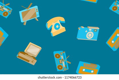 Texture seamless pattern from old vintage retro hipster stylish electronics appliances to home appliances 70s, 80s, 90s. The background. Vector illustration. Disco poster.
