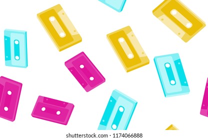 Texture, seamless pattern from old vintage retro hipster antique stylish musical isometry voluminous audio cassette from the 70's, 80's, 90's. The background. Vector illustration. Disco poster.