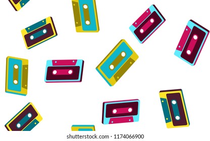 Texture, seamless pattern from old vintage retro hipster antique stylish musical isometry voluminous audio cassette from the 70's, 80's, 90's. The background. Vector illustration. Disco poster.