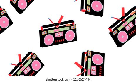 Texture seamless pattern from old vintage retro hipstersih stylish isometric music audio tape recorder for audio cassettes from the 70's, 80's, 90's. The background. Vector illustration.