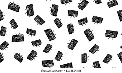 Texture seamless pattern from old vintage retro hipstersih stylish isometric music audio tape recorder for audio cassettes from the 70's, 80's, 90's. The background. Vector illustration.