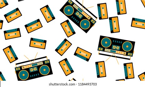 Texture seamless pattern from old vintage retro hipstersih stylish isometric music audio tape recorder for listening to audio cassettes from the 70's, 80's, 90's. The background. Vector illustration.