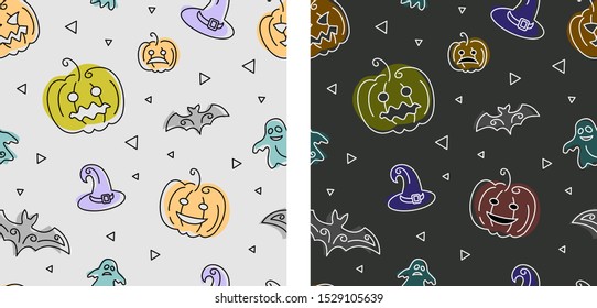 Texture, seamless pattern on the theme of Halloween. Funny pumpkins, bat, cap, Ghost and triangles. On black and gray background lines.