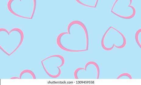 Texture, seamless pattern of pink 3d volumetric hearts cut out of paper with a falling shadow to the day of Saint Valentine and copy space on a blue background. Vector illustration.