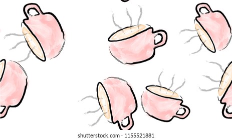 Texture seamless pattern of pink cups of mugs with a handle of hot delicious invigorating black coffee painted with watercolor paint brush with steam. Vector illustration.