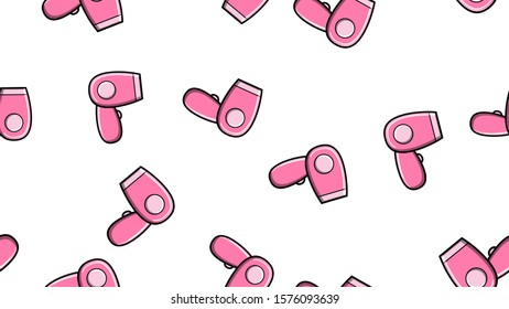 Texture seamless pattern of pink hand-held electric hair dryers with hot air for drying hair with the function of ionization, cold blowing on a white background. Vector illustration.