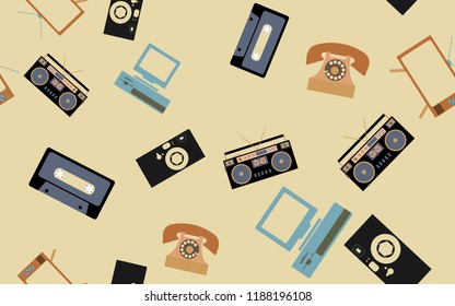 Texture, seamless pattern from retro electronics set of old vintage hipster technology: camera, computer, audio cassette, tape recorder, telephone, TV. Background, wallpaper. Vector illustration.
