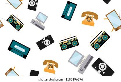 Texture, seamless pattern from retro electronics set of old vintage hipster technology: camera, computer, audio cassette, tape recorder, telephone, TV. Background, wallpaper. Vector illustration.