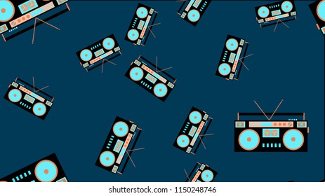 The texture is a seamless pattern from the retro music of the old antique hip with speakers of an audio tape recorder for audiocassettes from the 60s 70s 80s 90s. Vector illustration.