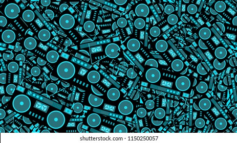 The texture is a seamless pattern from the retro music of the old antique hip with speakers of an audio tape recorder for audiocassettes from the 60s 70s 80s 90s. Vector illustration.