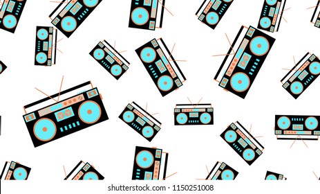 The texture is a seamless pattern from the retro music of the old antique hip with speakers of an audio tape recorder for audiocassettes from the 60s 70s 80s 90s. Vector illustration.