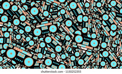 The texture is a seamless pattern from the retro music of the old antique hip with speakers of an audio tape recorder for audiocassettes from the 60s 70s 80s 90s. Vector illustration.