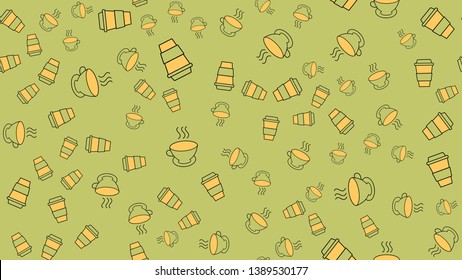 Texture seamless pattern from a set of beautiful nice tasty refreshing coffee drinks in fast takeaway paper thermo glasses and tea in ceramic cups on a green background. Vector illustration.