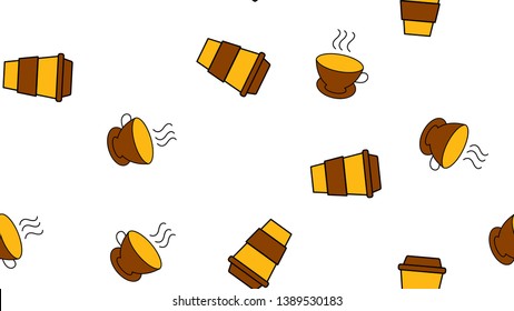 Texture seamless pattern from a set of beautiful nice tasty refreshing coffee drinks in fast paper thermo glasses and a cup of tea in ceramic cups on a white background. Vector illustration.
