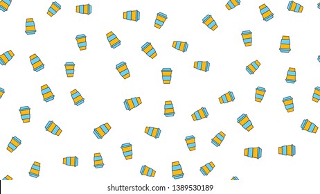 Texture seamless pattern from a set of beautiful nice tasty refreshing coffee drinks in fast takeaway thermo glasses on a white background. Vector illustration.