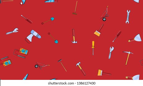 Texture, seamless pattern from a set of construction tools for repair: hammer, shovel, screwdriver, wrench, tester, brush, saw, trolley, trowel, ladder on a red background. Vector illustration.