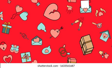 Texture seamless pattern from a set of love items with hearts and gifts for the holiday of love Valentine's Day February 14 or March 8 on a red background. Vector illustration.