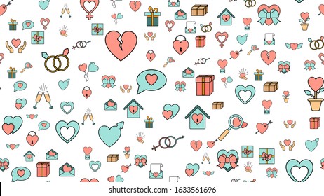 Texture seamless pattern from a set of love items with hearts and gifts for the holiday of love Valentine's Day February 14 or March 8 on a white background. Vector illustration.