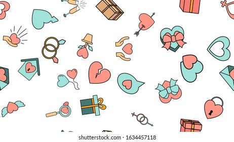 Texture seamless pattern from a set of love items with hearts and gifts for the holiday of love Valentine's Day February 14 or March 8 on a white background. Vector illustration.
