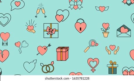 Texture seamless pattern from a set of love items with hearts and gifts for the holiday of love Valentine's Day February 14 or March 8 on a blue background. Vector illustration.