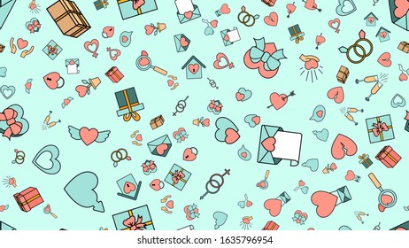 Texture seamless pattern from a set of love items with hearts and gifts for the holiday of love Valentine's Day February 14 or March 8 on a blue background. Vector illustration.