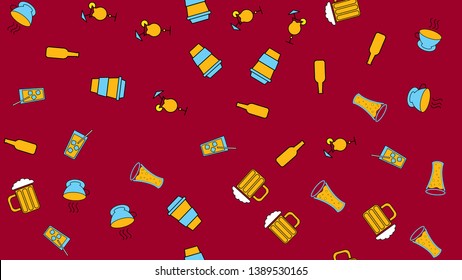Texture seamless pattern from a set of raivy good tasty refreshing alcoholic drinks cocktails whiskey beer coffee tea with ice on a red background. Vector illustration.
